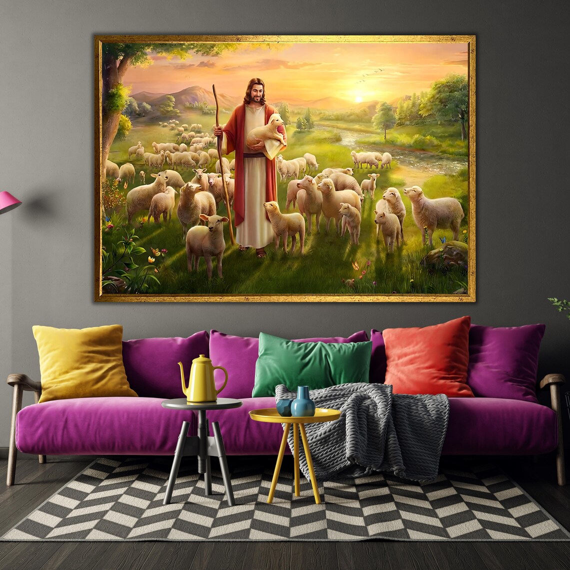 Jesus Good Shepherd Holding Lamb Flock Of Sheep Golden Sunset Field Poster - Image 3