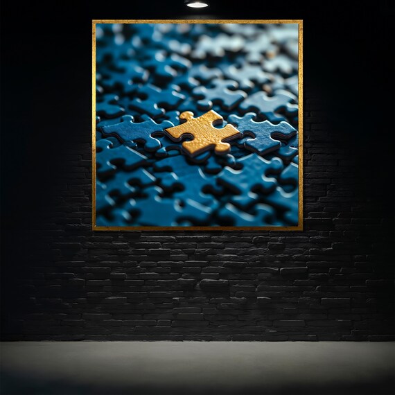 Golden Puzzle Piece Painting Unique Jigsaw Puzzle Wall Art Modern Abstract Decor Blue Gold Artwork Inspirational Gift Idea