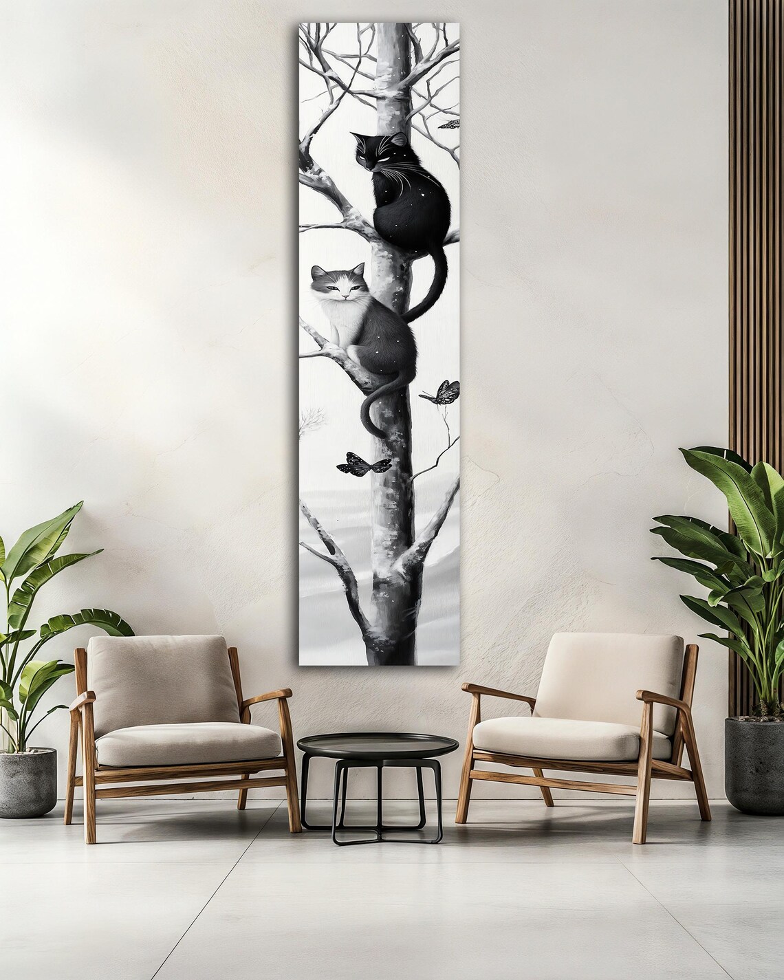 Black White Cat on Birch Tree With Butterflies Vertical Art Poster - Image 2