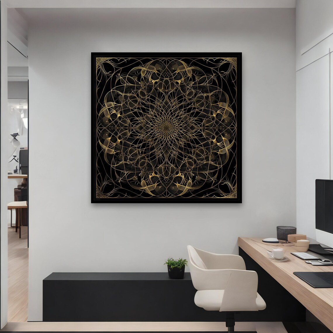 Luxury Gold Line Geometric Mandala Black Background Elegant Boho Wall Poster - Image 3