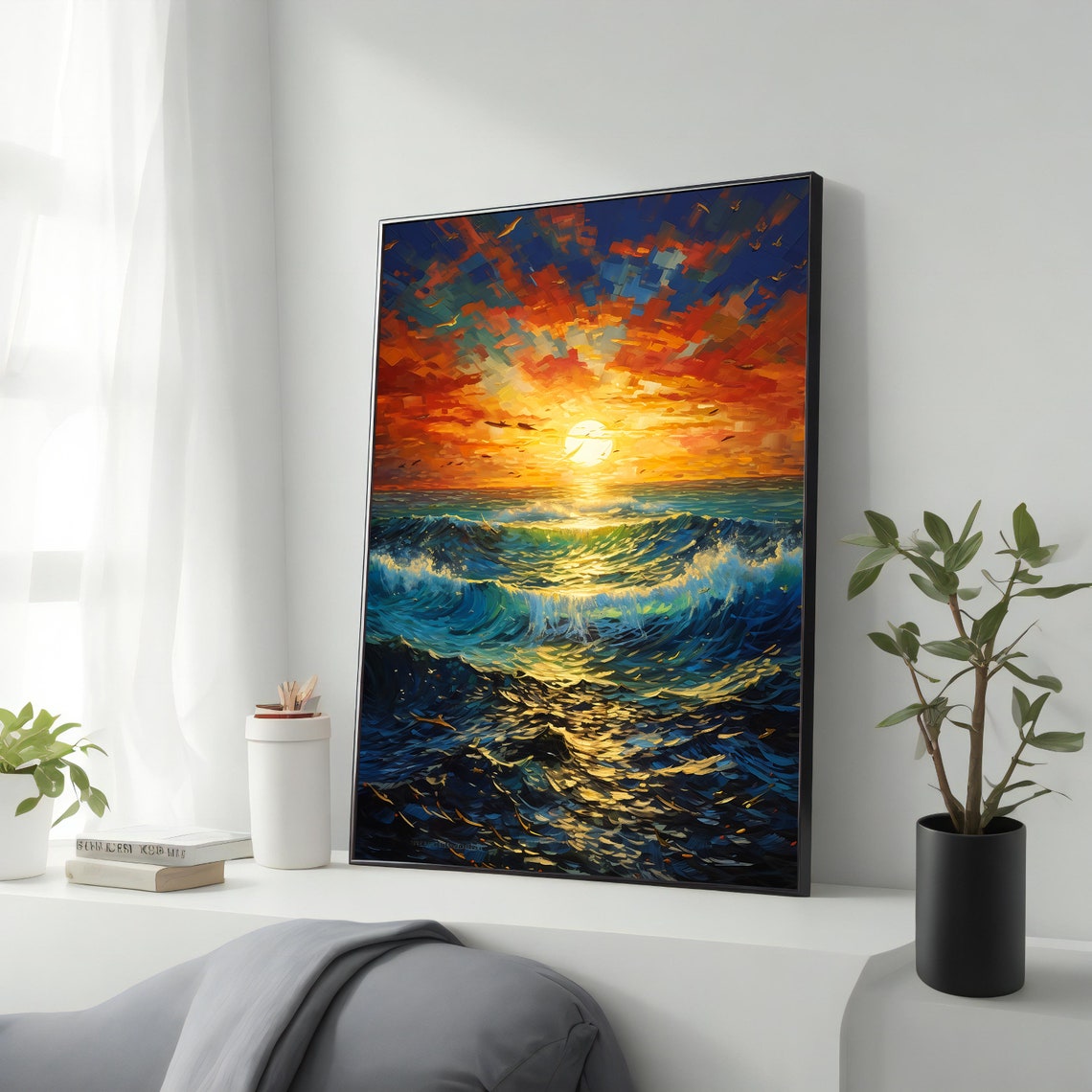 Ocean Sunset Impasto Painting Sun Over Rolling Blue Waves Poster