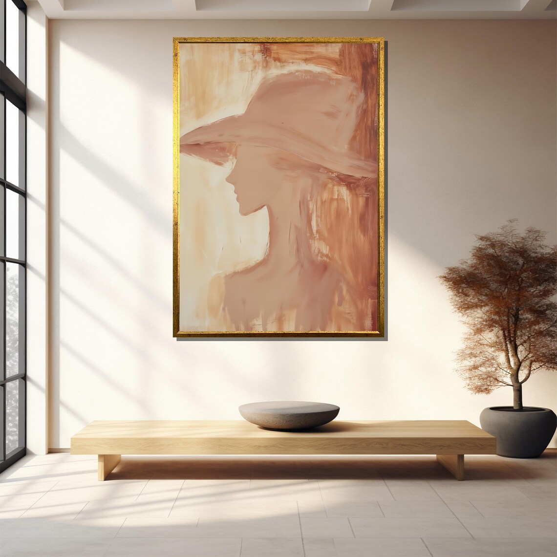 Minimalist Woman Wide Brim Hat Portrait Neutral Beige Tones Art Print - Image 4