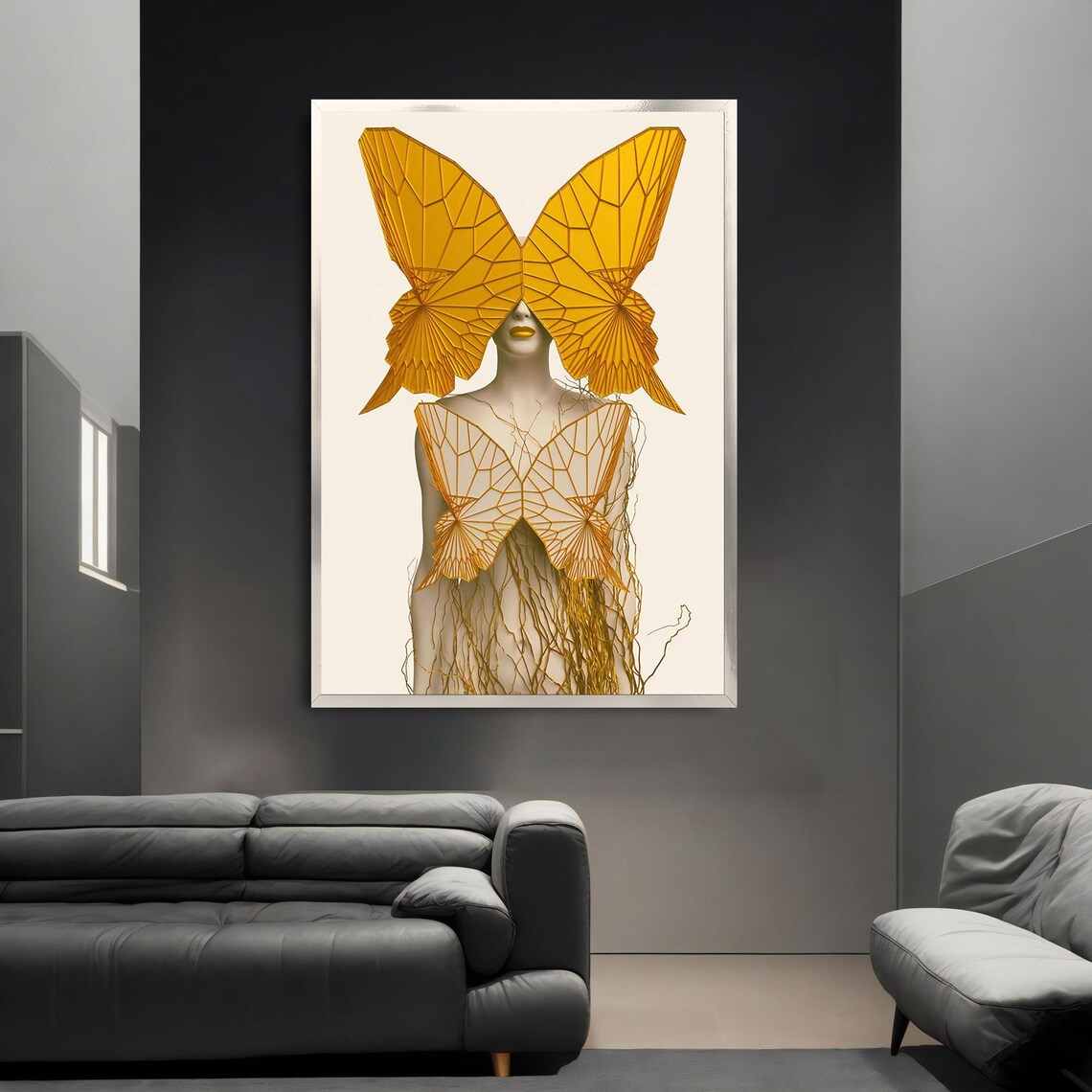 Golden Butterfly Wings Surreal Woman Modern Gold Wall Art Poster - Image 3