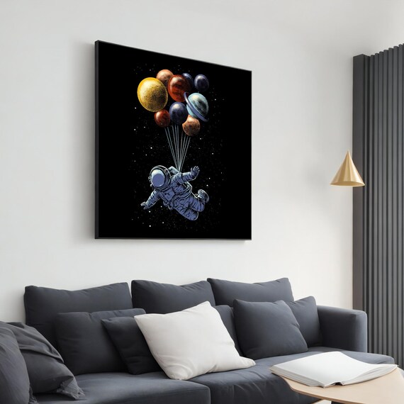 Astronaut Floating Planet Balloons Whimsical Space Adventure Art Print
