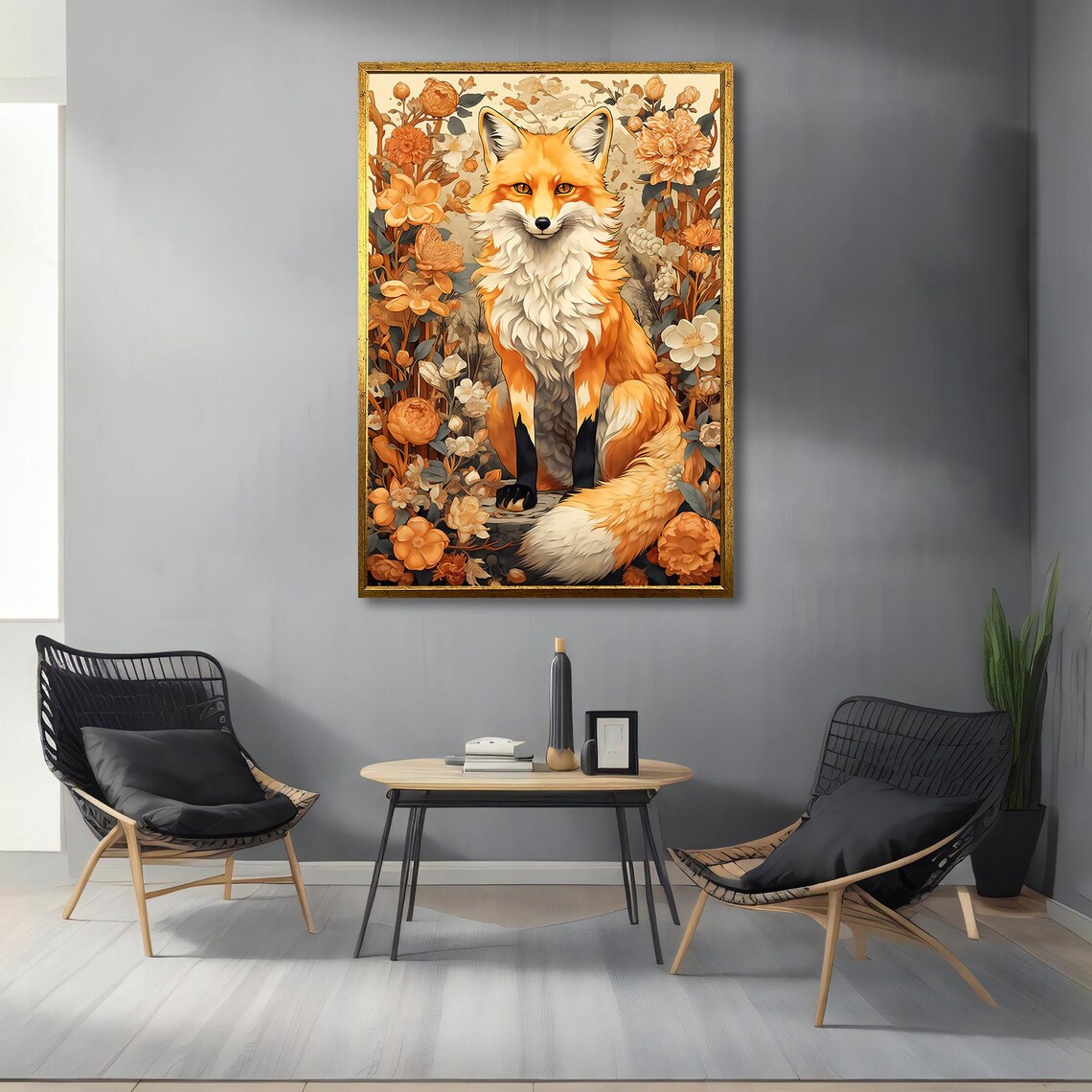 Red Fox Among Orange Blossoms Autumn Floral Wildlife Illustration Poster - Image 3