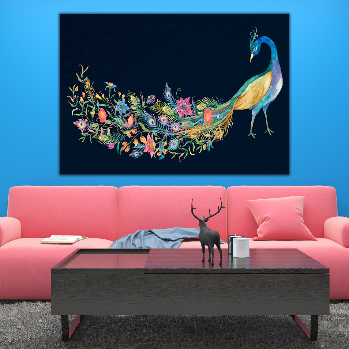 Floral Watercolor Peacock Elegant Bird Navy Background Wall Art Poster - Image 2