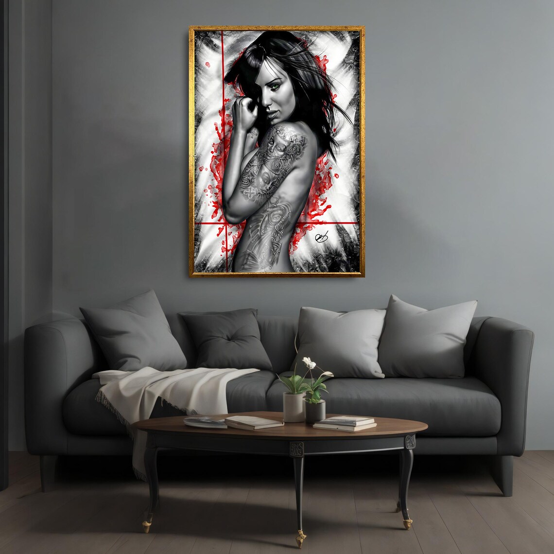 Tattooed Woman Portrait Black And White With Red Splash Art Print Poster - Image 4