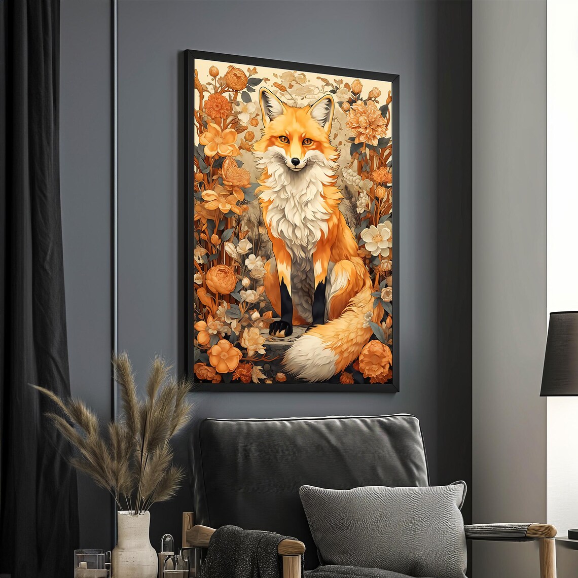 Red Fox Among Orange Blossoms Autumn Floral Wildlife Illustration Poster