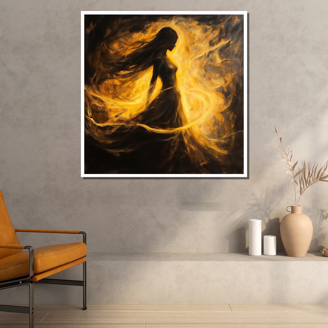 Mystical Woman in Golden Flames Dark Fantasy Abstract Silhouette Poster - Image 2