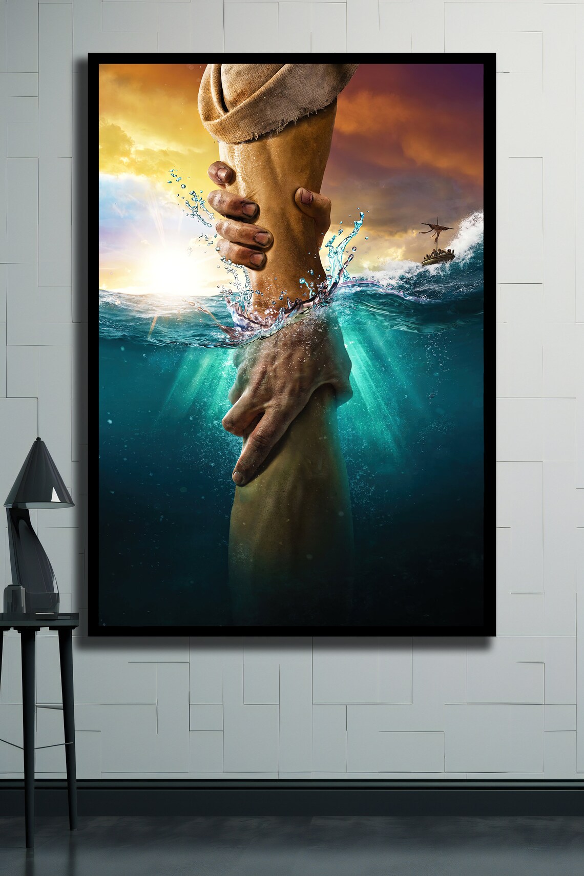 Jesus Reaching Hand Over Stormy Sea Christian Faith Wall Art Poster - Image 2