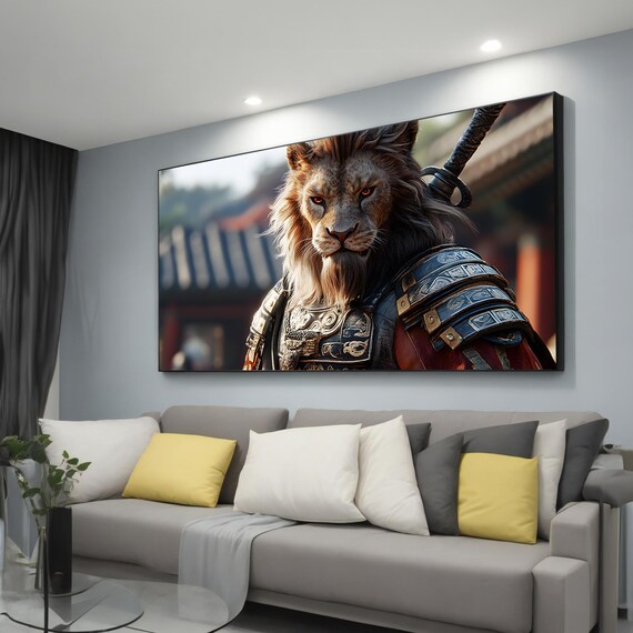 Samurai Lion Warrior in Armor Katana Fantasy Animal Portrait Wall Art Poster