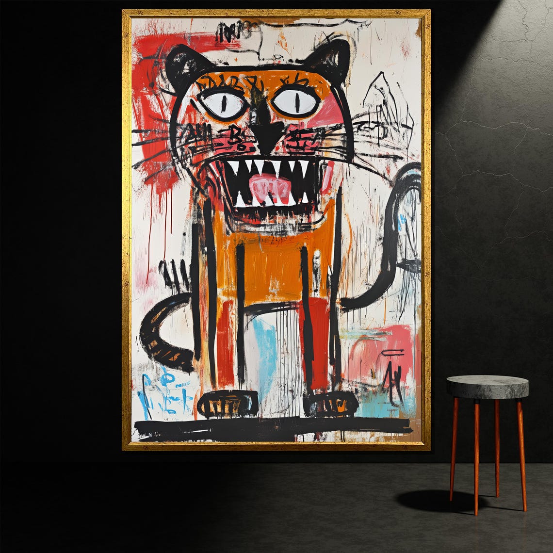 Basquiat Style Wild Cat Sharp Teeth Graffiti Expressionist Art Print