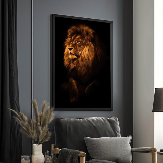 Majestic Lion Portrait Golden Mane On Dark Black Background Poster