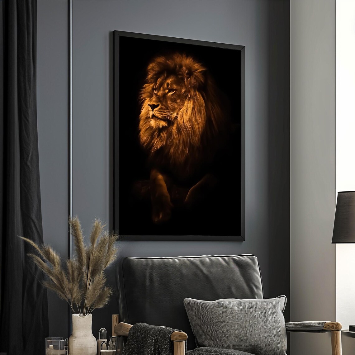 Majestic Lion Portrait Golden Mane On Dark Black Background Poster