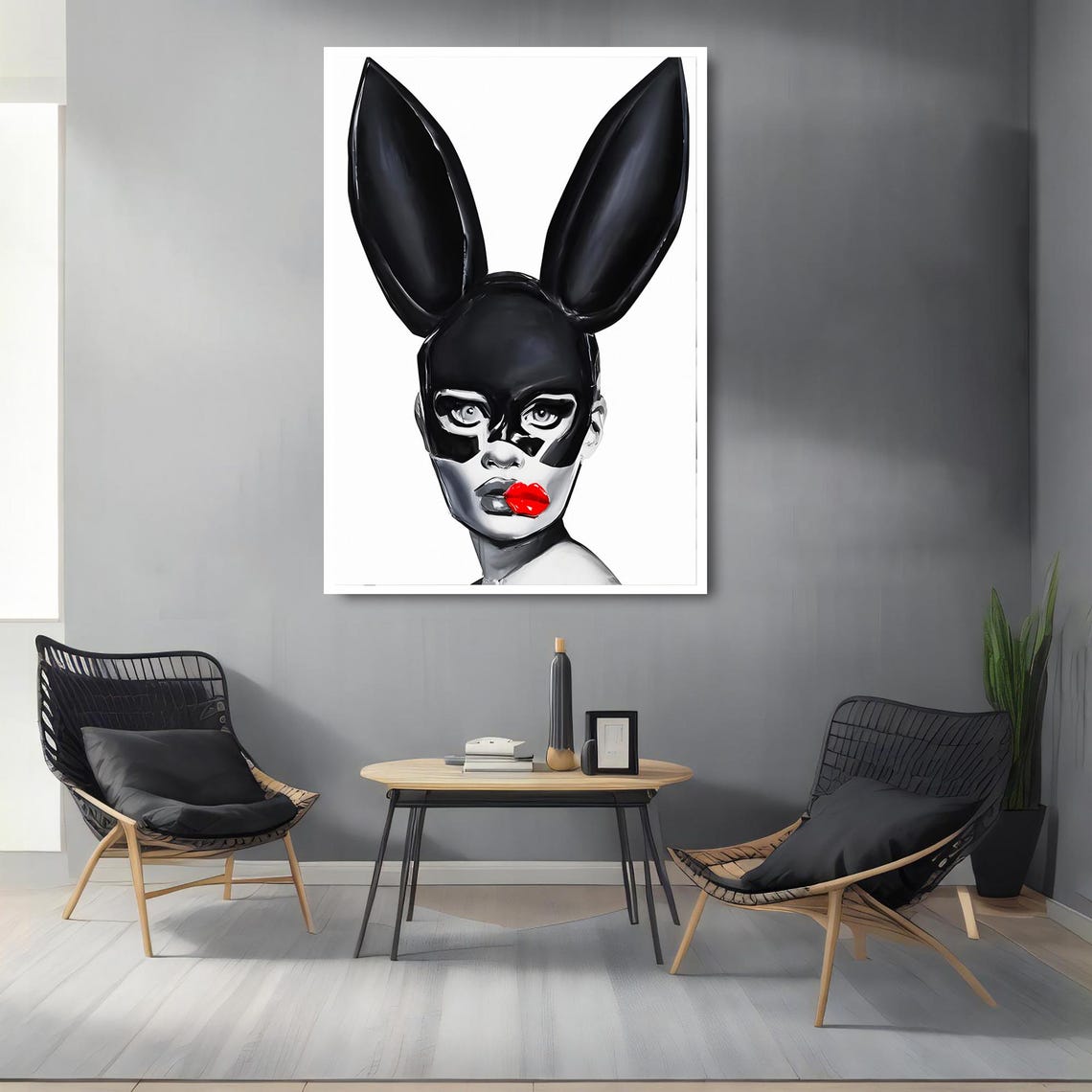 Bunny Mask Woman Black White Red Lips Chic Fashion Art Poster - Image 2