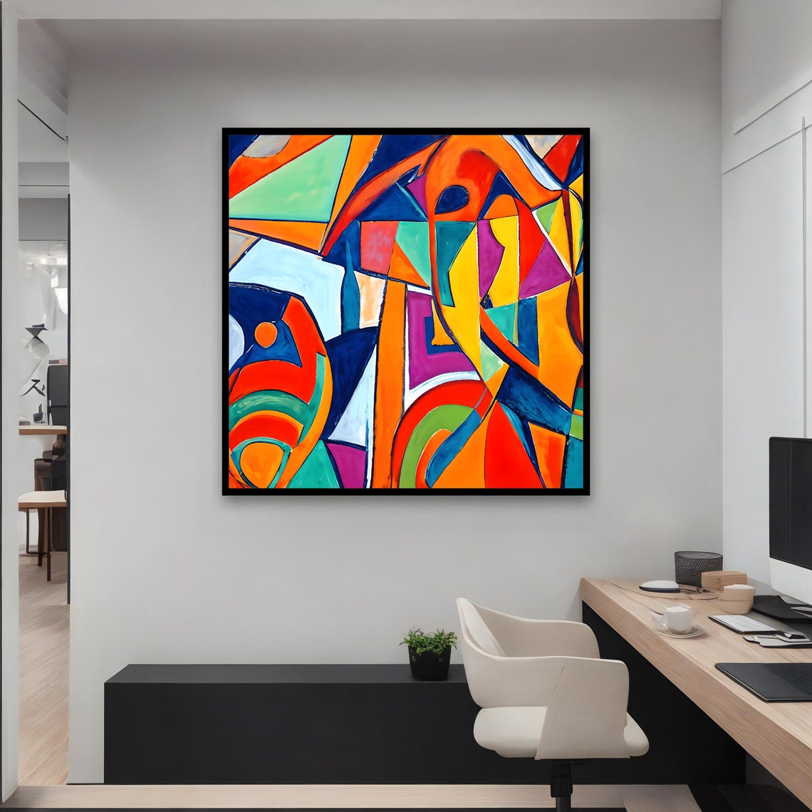 Colorful Geometric Cubist Abstract Orange Blue Bold Modern Art Poster - Image 4