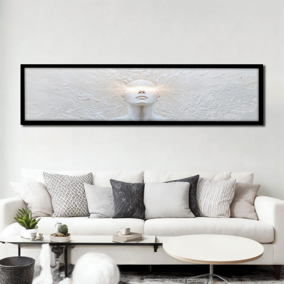 White 3D Face Relief Glowing Eyes Texture Panoramic Wall Art Poster - Image 3