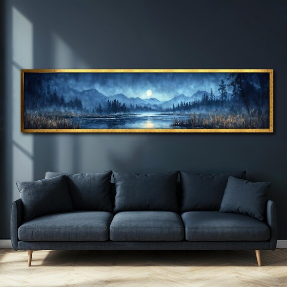 Panoramic Blue Night Forest Painting Long Thin Wall Art Moonlit Lake Landscape Print Large Wall Decor For Living Room Unique Gift