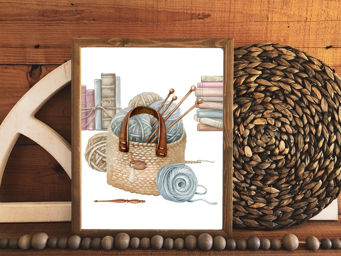 Watercolor Knitting Basket Yarn Needles Cozy Craft Room Wall Art - Image 2