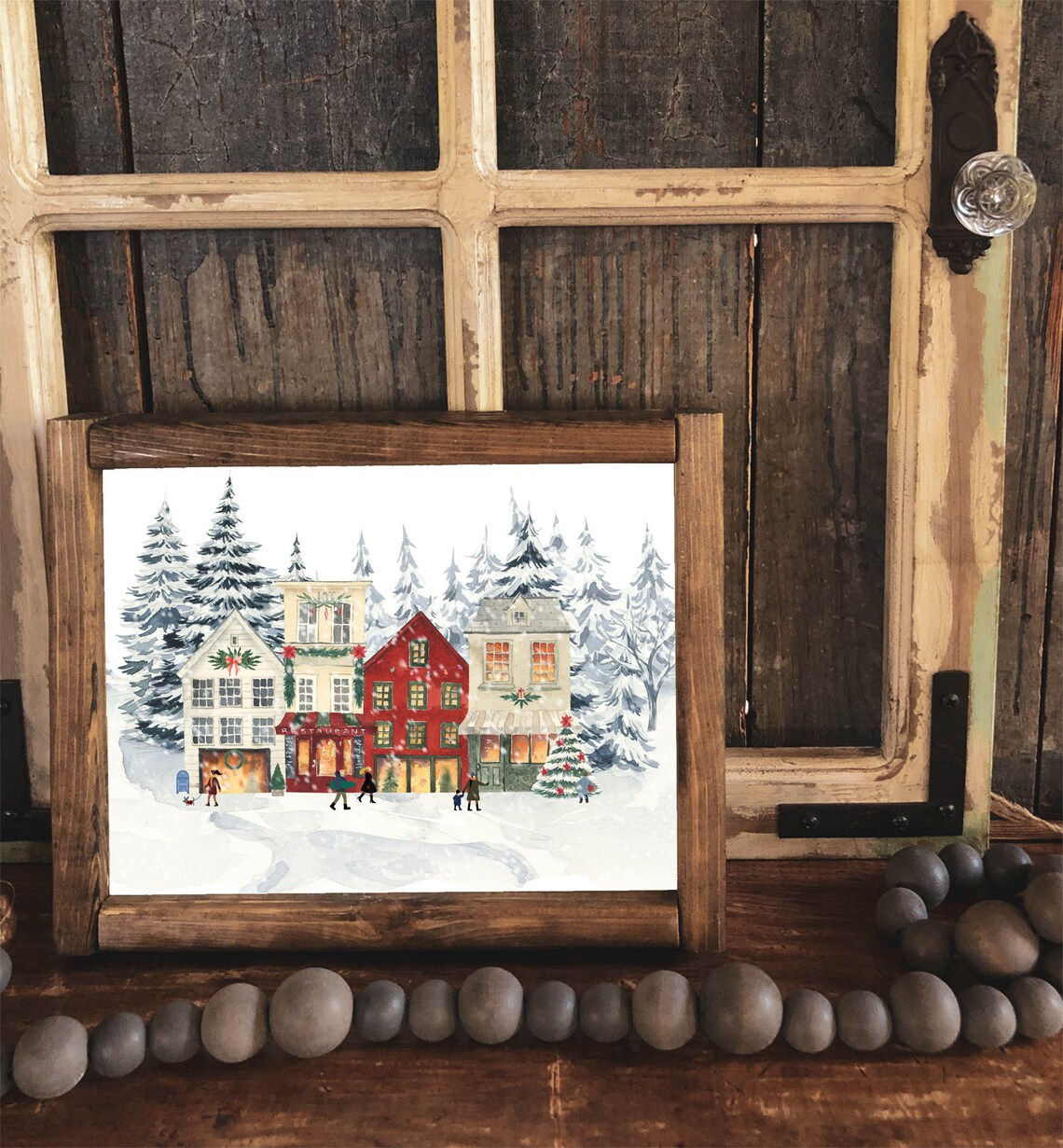 Snowy Christmas Village Street Shops Watercolor Holiday Poster - Image 2