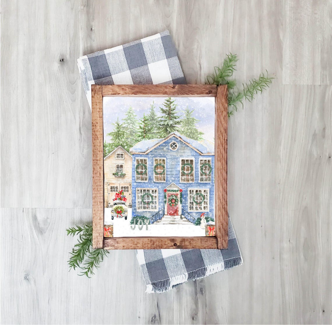Blue Christmas House With Wreaths Snowy Village Holiday Wall Art - Image 2