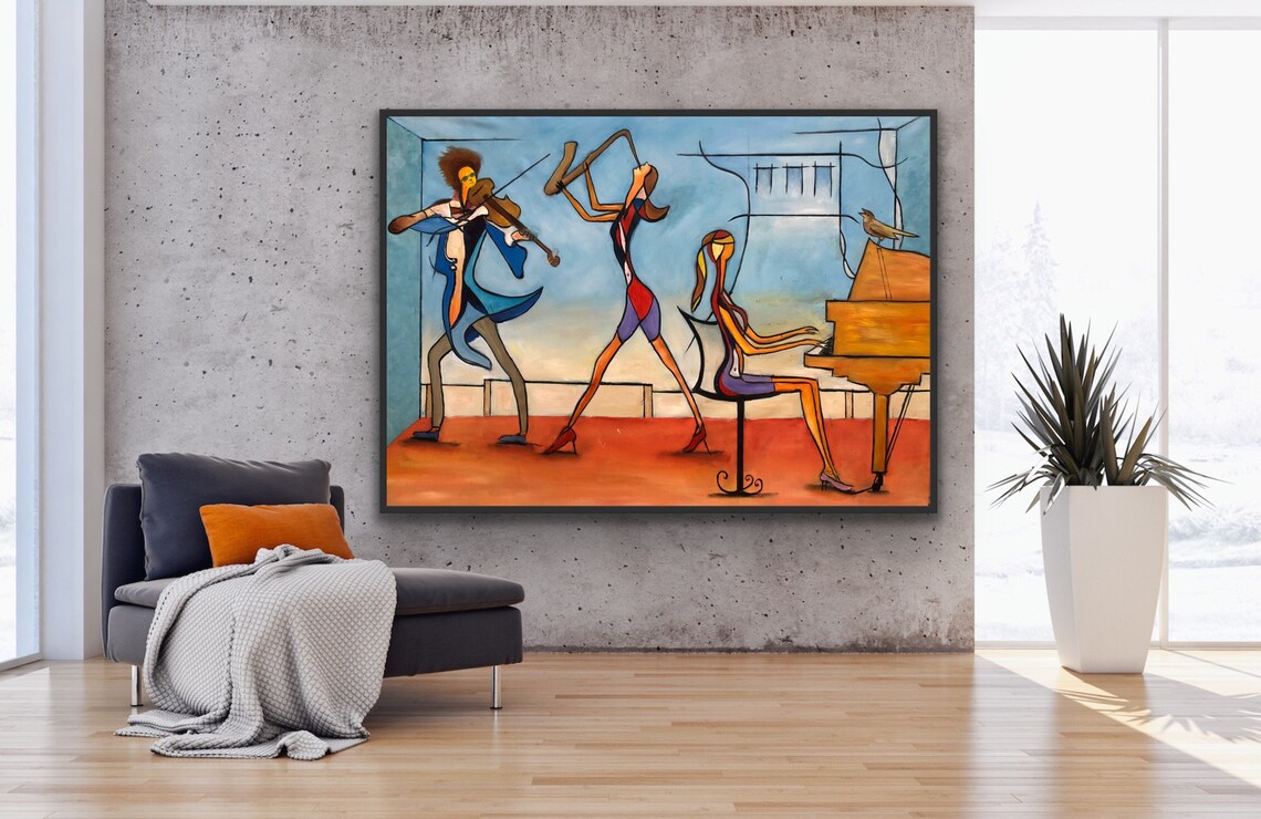 Abstract Music Painting, Cubist Piano Violin Art Print - Image 3