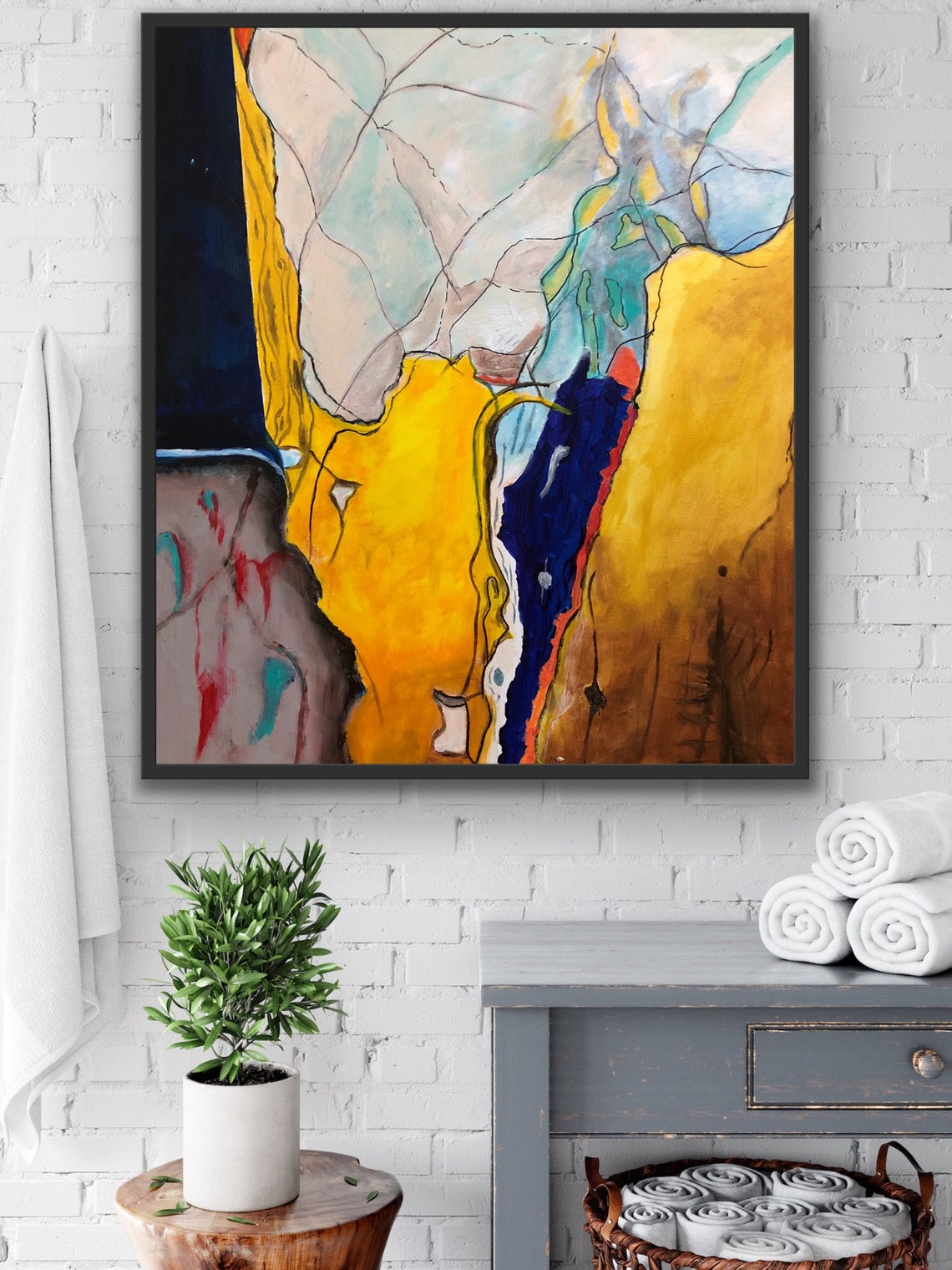 Bold Gold and Navy Fissured Abstract Painting Modern Art Poster - Image 3