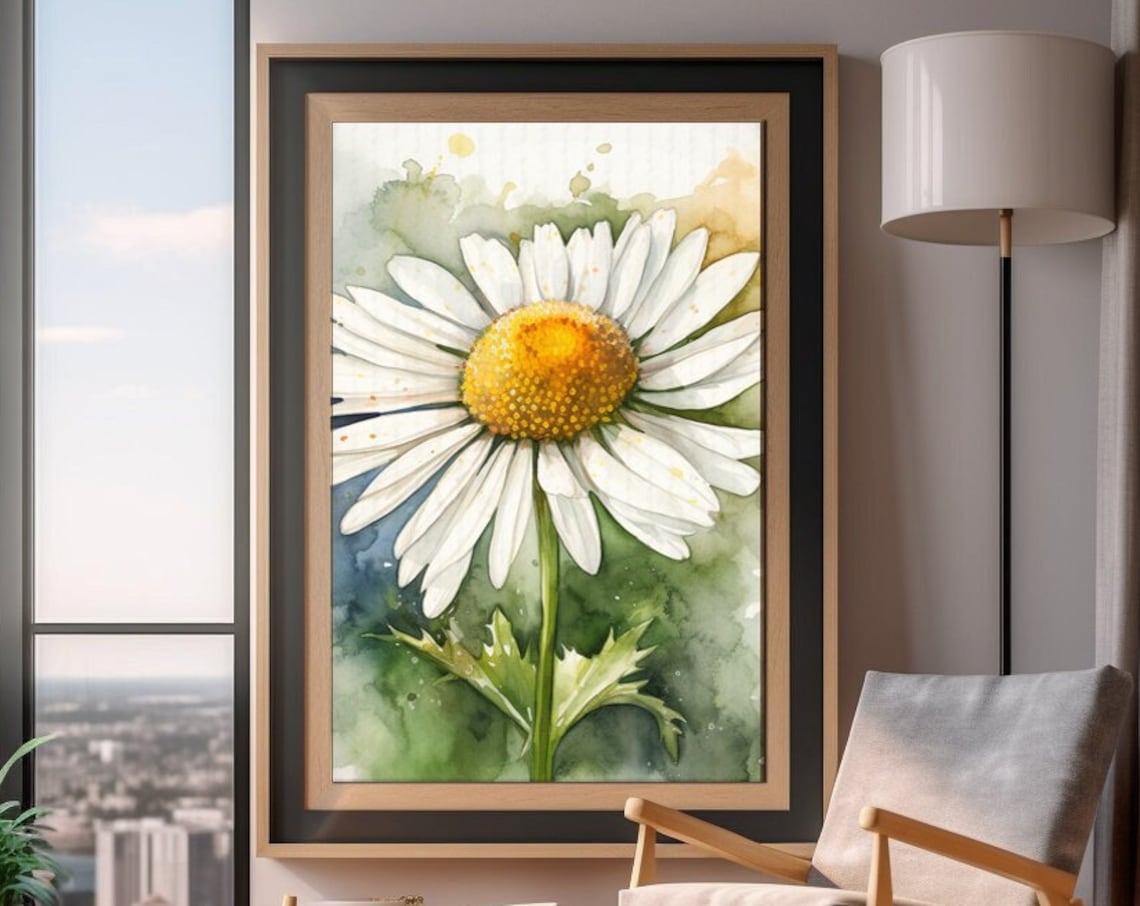 White Daisy Watercolor Flower Yellow Center Botanical Poster