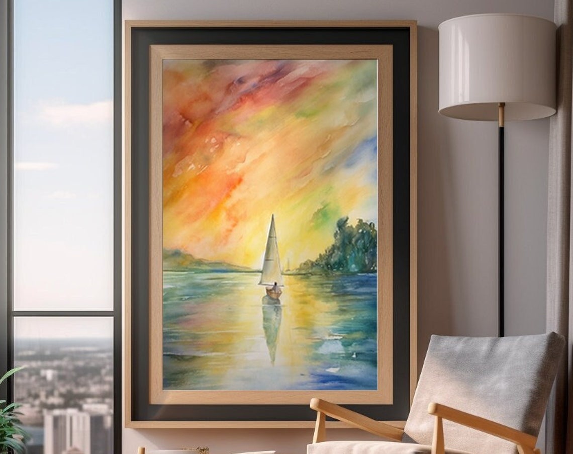 Sailboat On Lake Watercolor Print Lake Scene Watercolor Art Nautical Home Decor Boat Painting Peaceful Water Art For Home Office