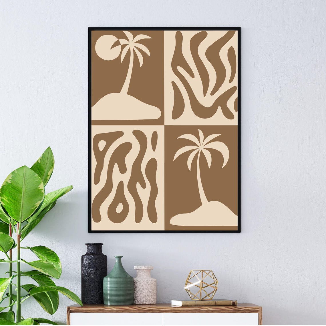 Boho Palm Trees Abstract Waves Brown Beige Minimalist Wall Art