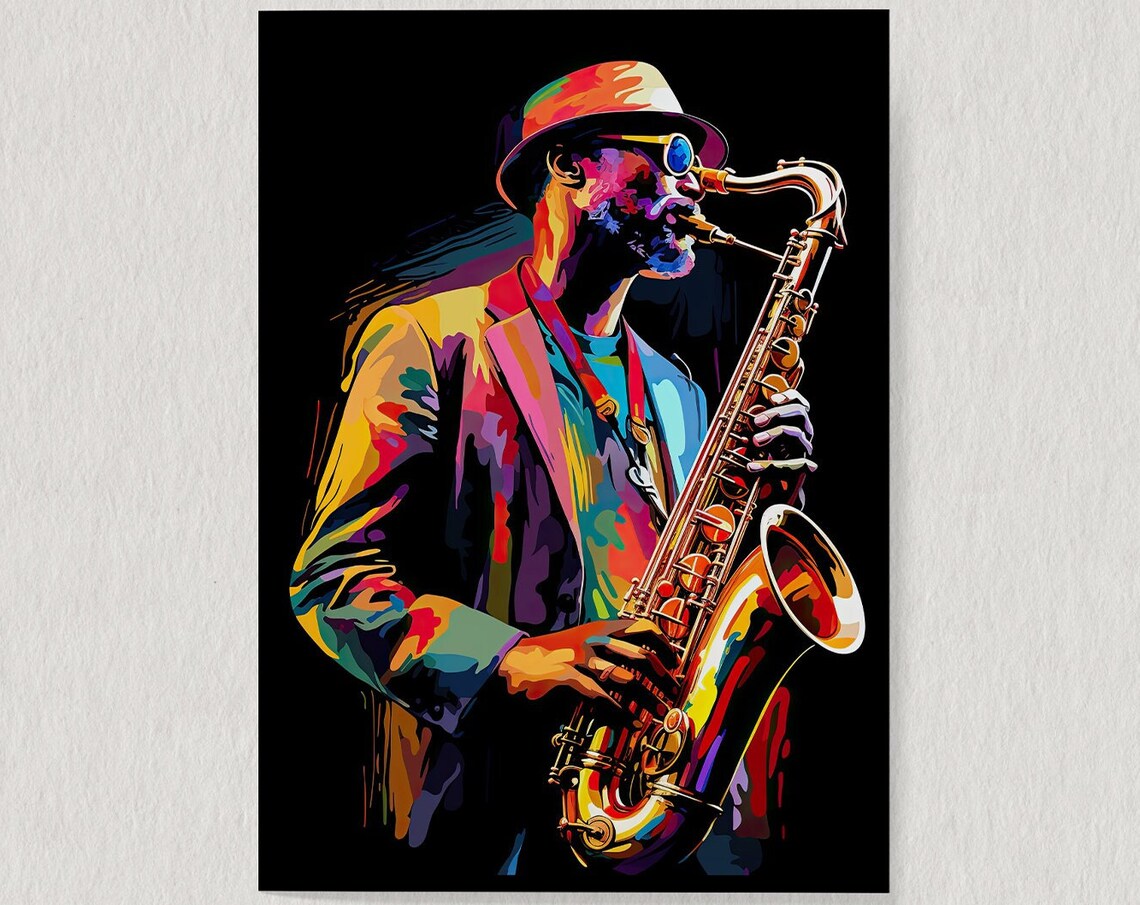 Colorful Pop Art Saxophonist With Hat Sunglasses Black Poster - Image 7