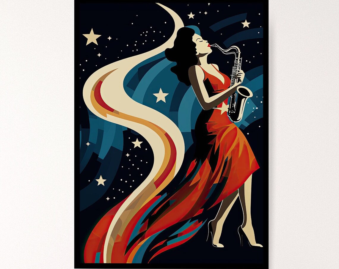 Saxophone Lady Red Dress Starry Night Art Deco Jazz Music Poster - Image 6