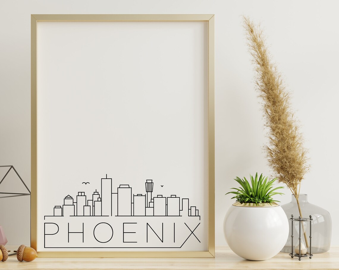 Phoenix Arizona Minimalist Black White Line Art Skyline City Poster