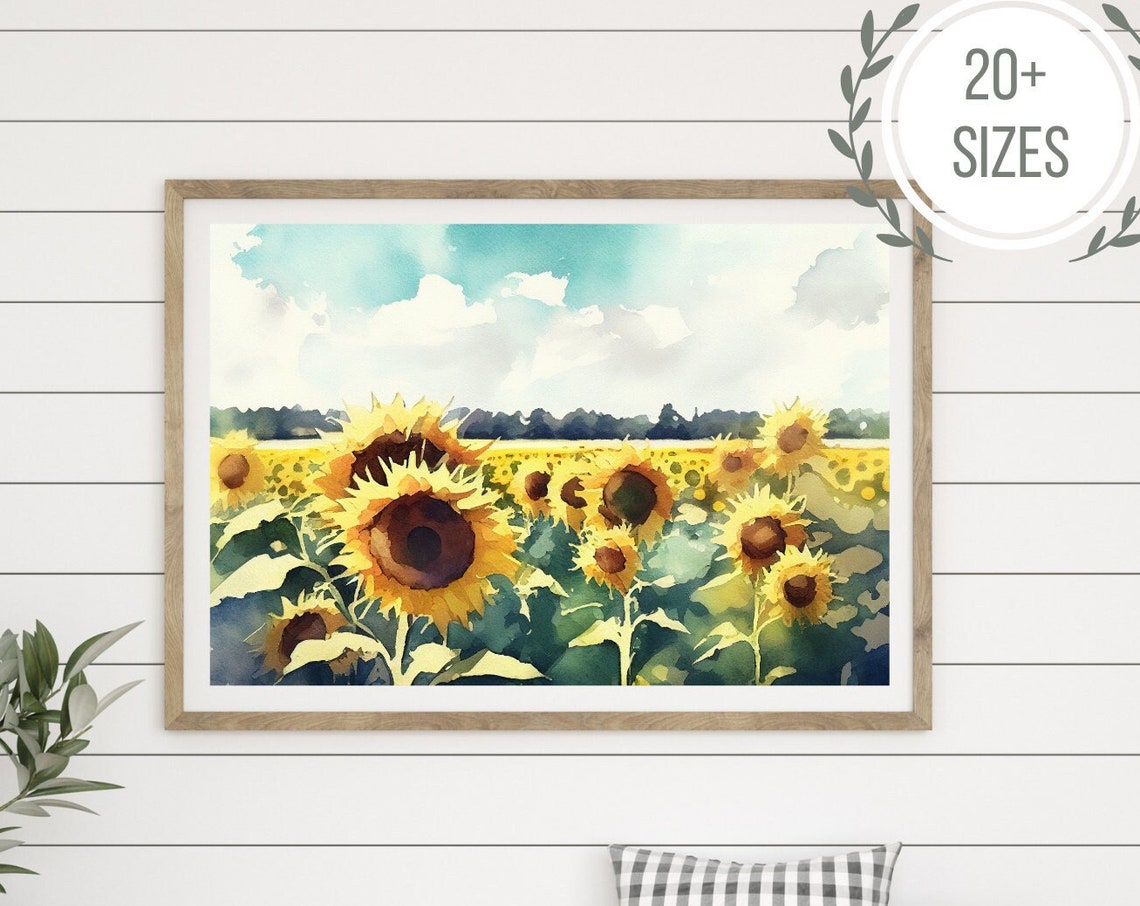 Field Of Sunflowers Watercolor Landscape Painting Art Gallery Wall Art Sunflower Wall Art Yellow Summer Floral