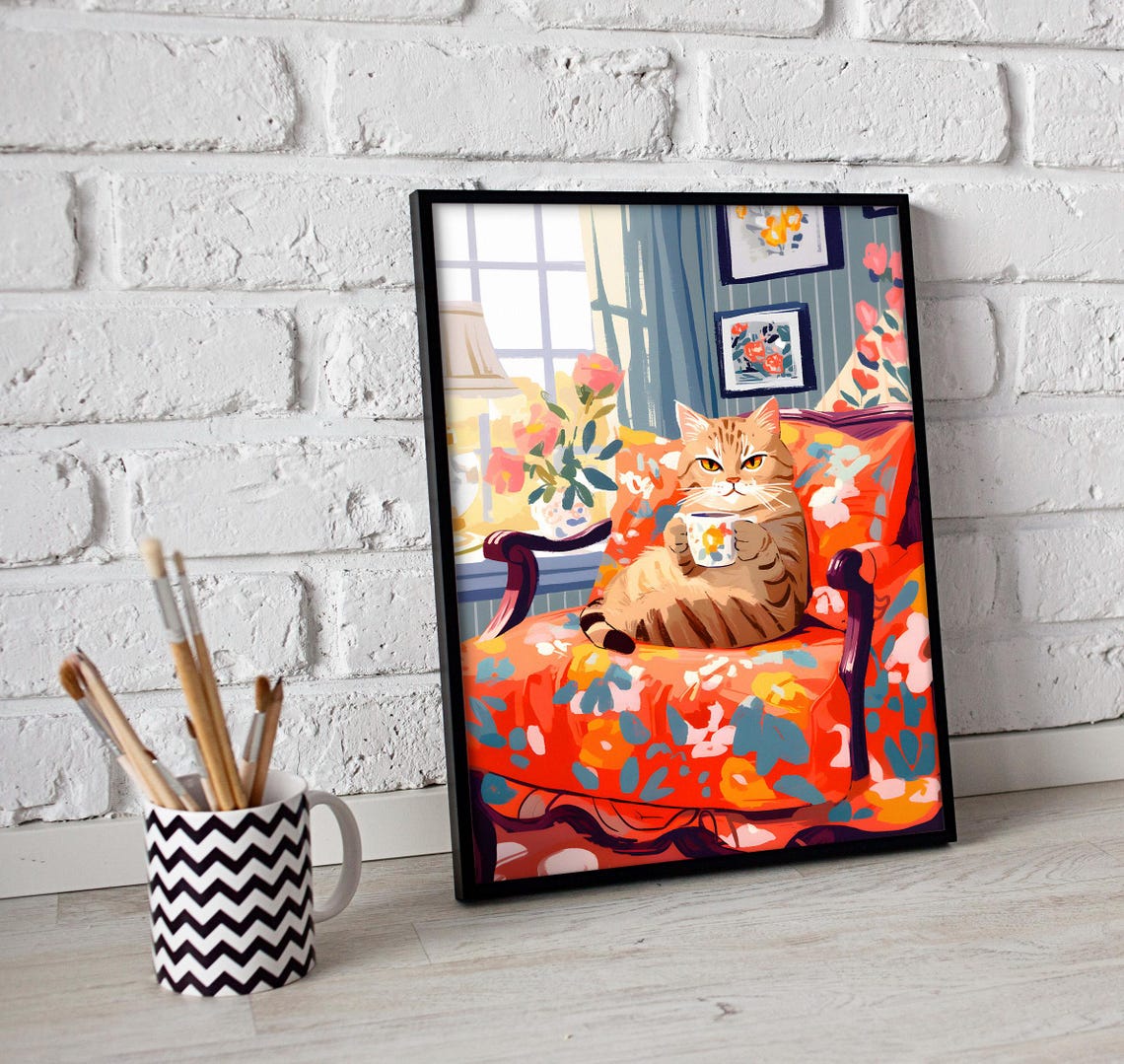 Golden Tabby Cat Lounging with Teacup on Orange Armchair Poster - Image 2