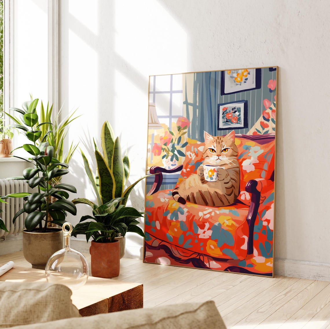 Golden Tabby Cat Lounging with Teacup on Orange Armchair Poster - Image 3
