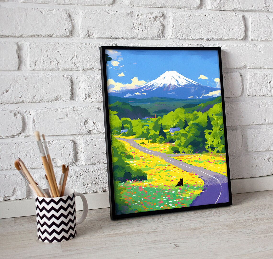 Mount Fuji Black Cat Poster, Japan Floral Art - Image 3