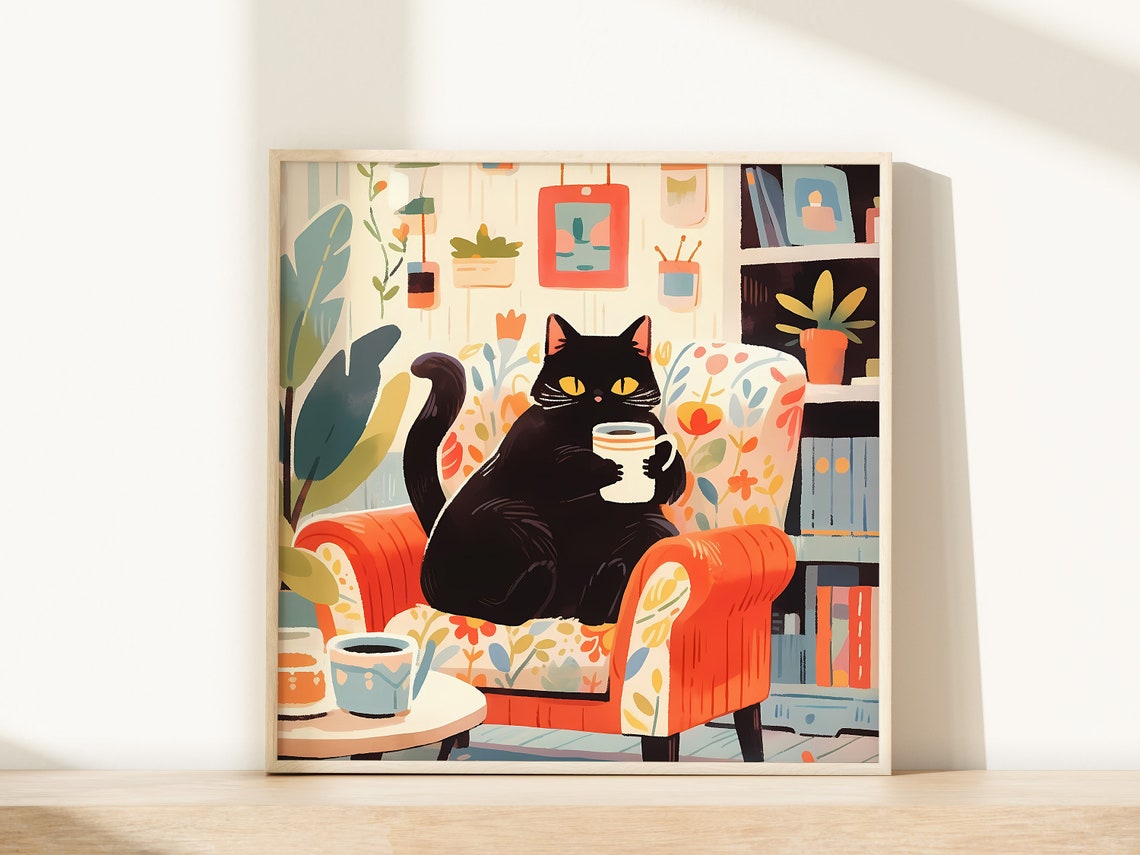 Playful Black Cat Holding Coffee Cup in Orange Armchair Poster