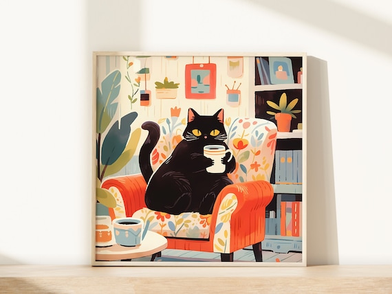 Playful Black Cat Holding Coffee Cup in Orange Armchair Poster