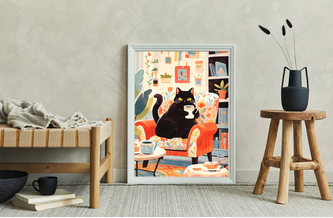 Cozy Cat Print, Funny Cafe Cat Art Print - Image 2