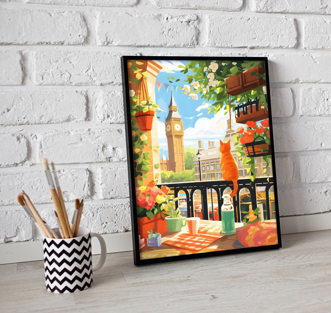 Orange Cat on a London Balcony with Big Ben View Scenic Poster - Image 3