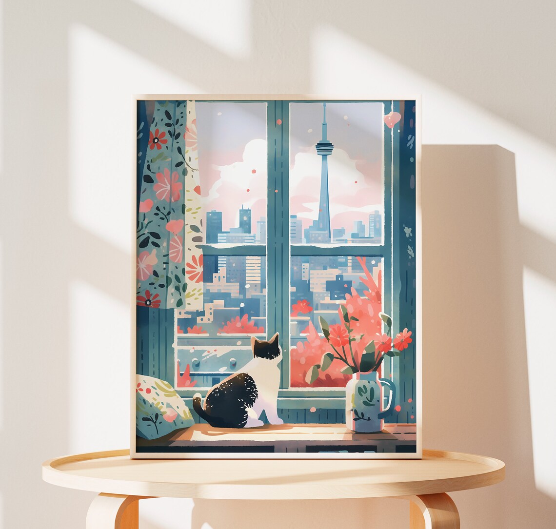 Cute Cat and CN Tower Poster, Toronto Christmas Gift