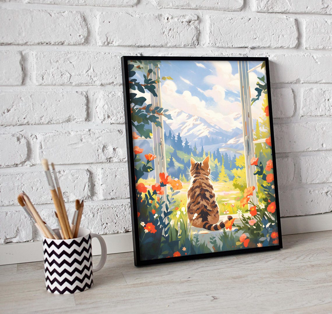 Tabby Cat Watching Snowy Mountains from a Flower Window Poster - Image 2