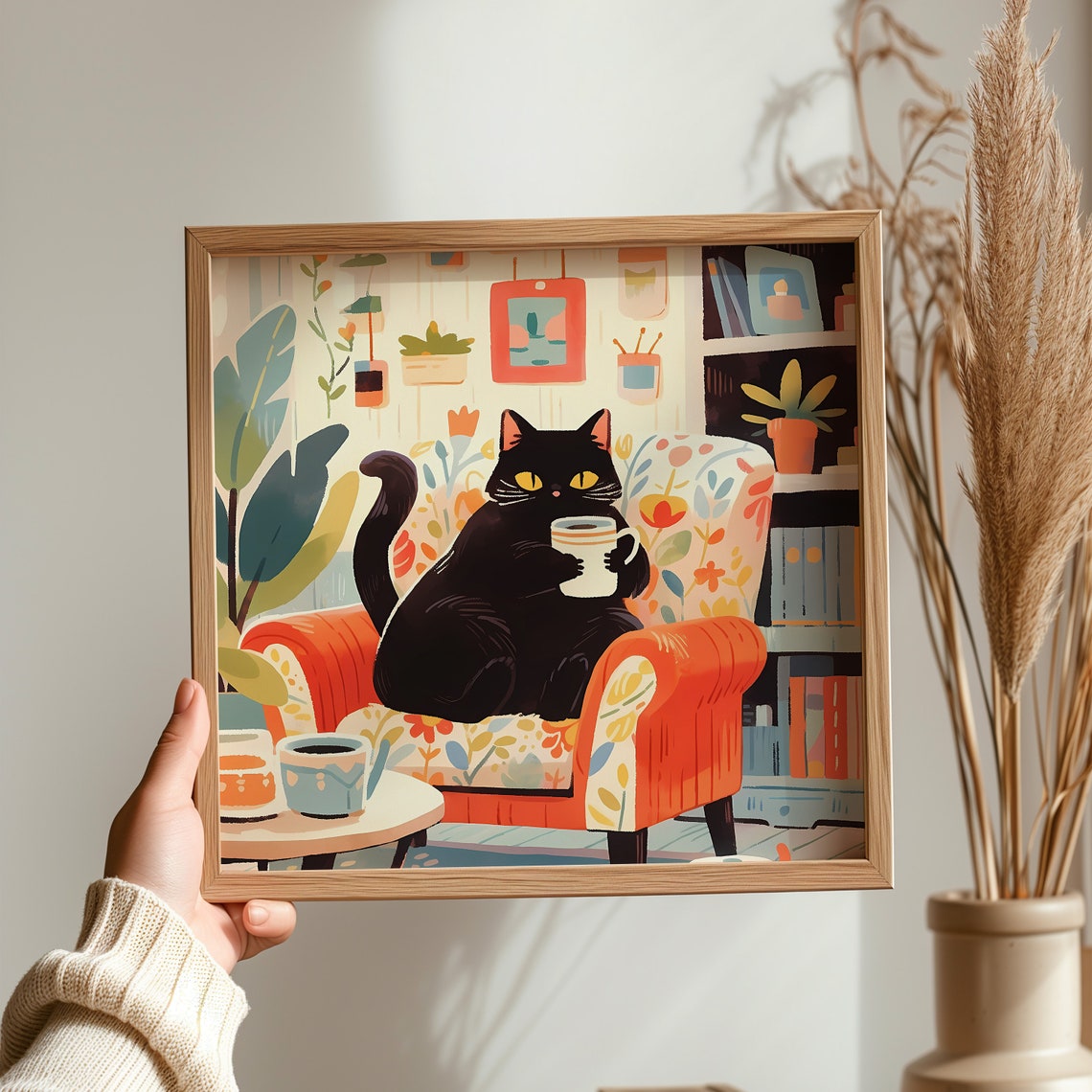 Playful Black Cat Holding Coffee Cup in Orange Armchair Poster - Image 3