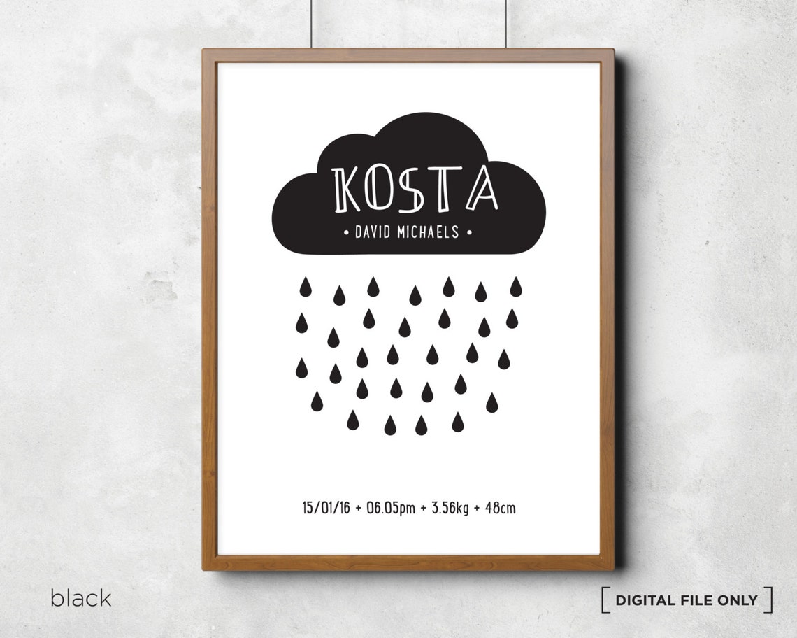 Blue Cloud Rain Birth Stats Personalized Nursery Baby Poster - Image 3