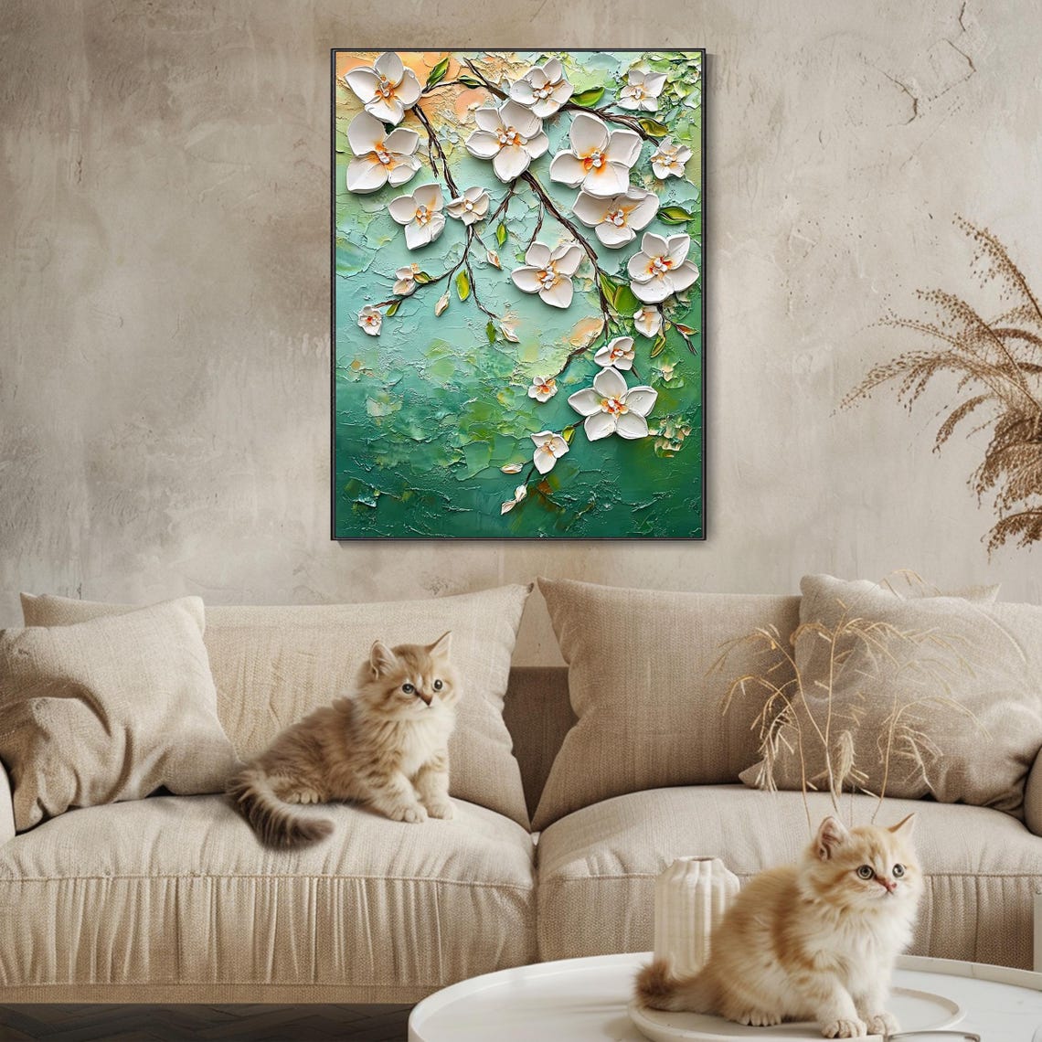 White Blossom Branches Teal Green Floral Painting Vertical Wall Poster - Image 2