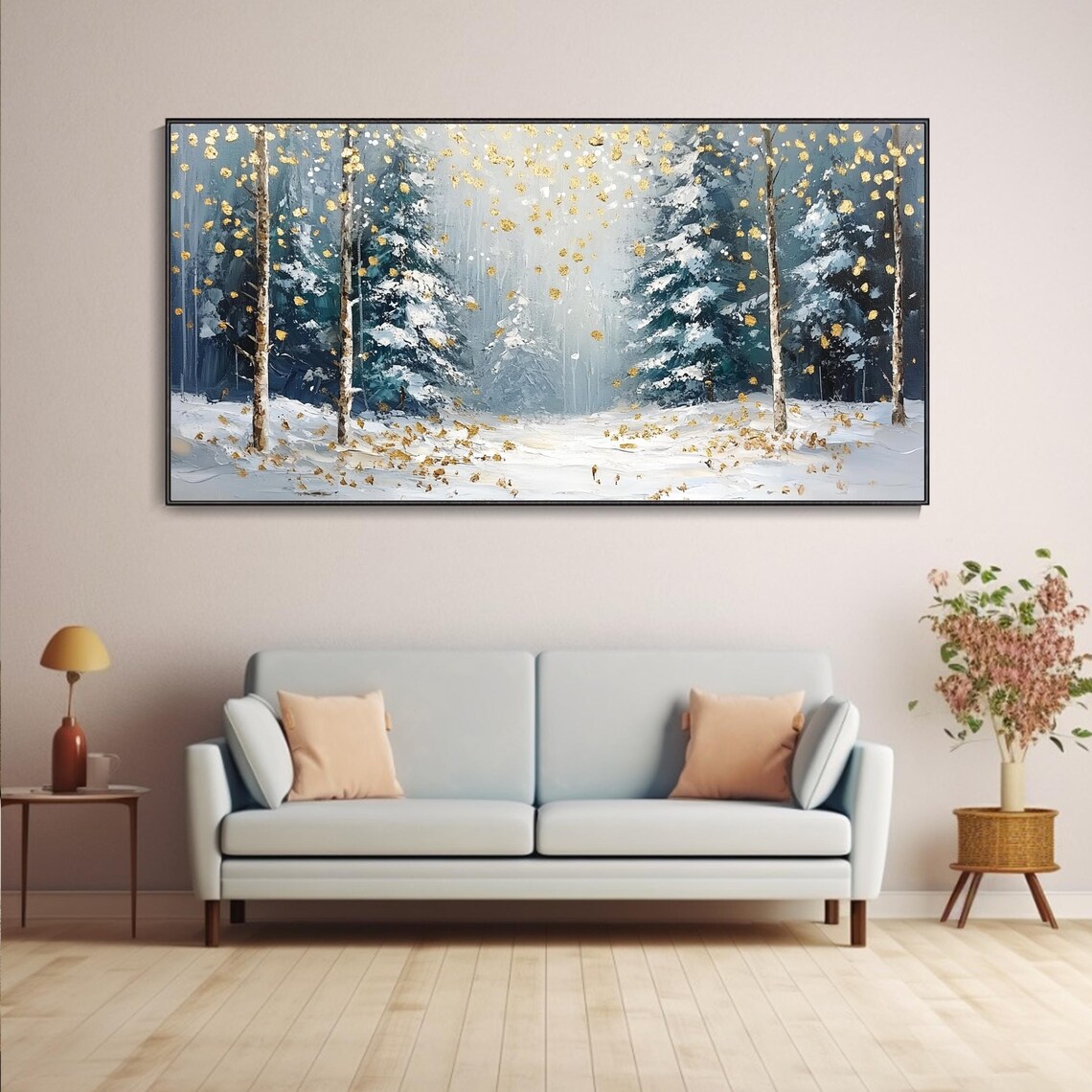 Horizontal 3d Textured Wall Art Large Long Wide Original Winter Forest Painting On Panoramic Snowy Pine Trees Wall Art Starlit Art - Image 4