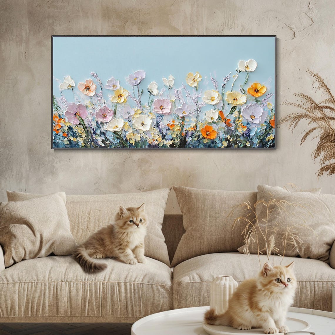 Pastel Wildflower Meadow Soft Blue Sky Panoramic Painting Wall Poster - Image 3