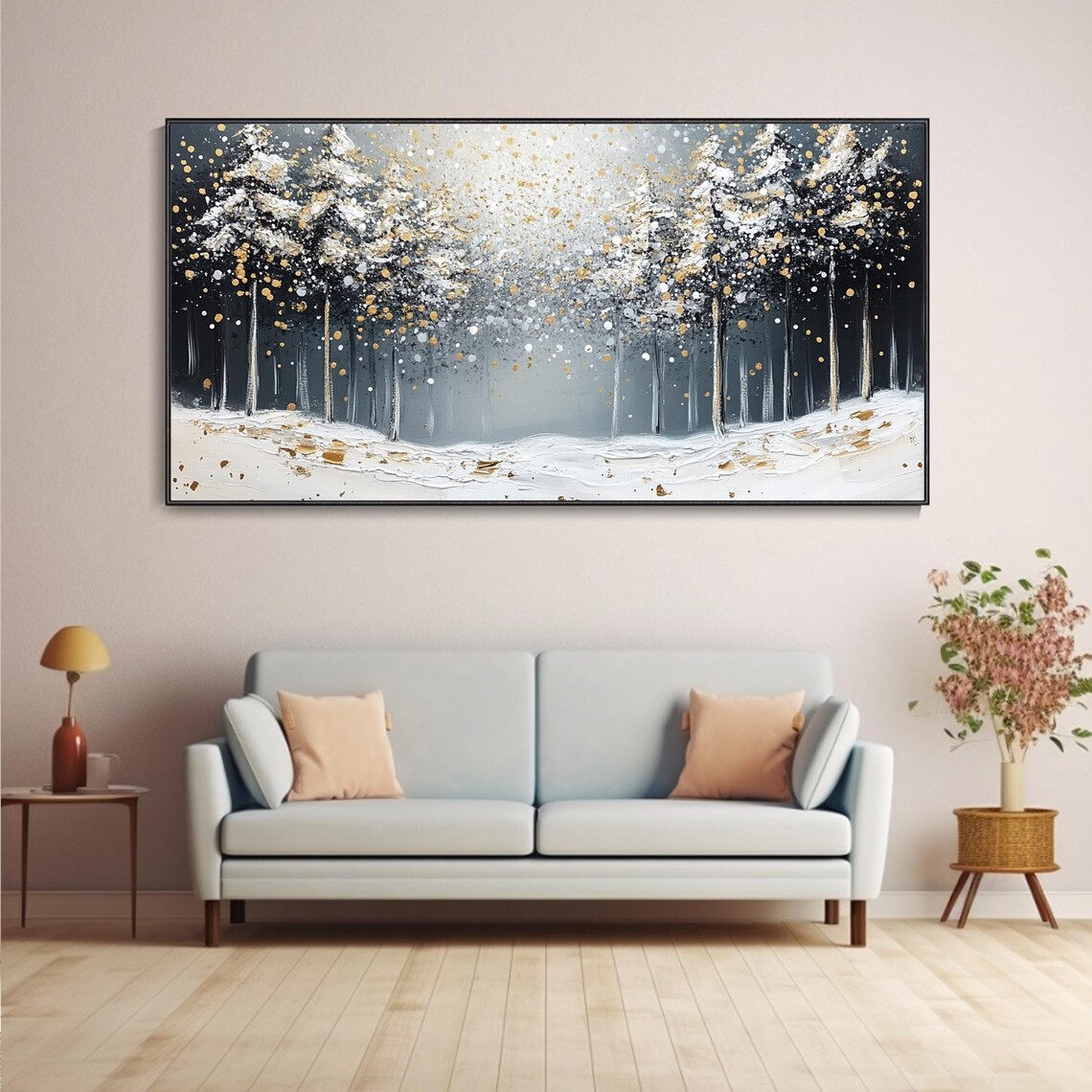 Large Long Wide Original Winter Forest Painting On Horizontal 3d Textured Wall Art Panoramic Forest Trees Wall Art Starlit Art - Image 4