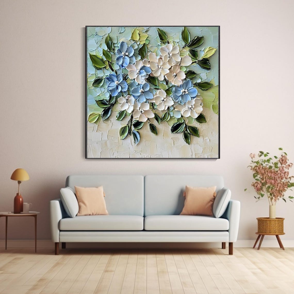 Blue White Blossom Branch Heavy 3D Impasto Floral Textured Poster - Image 4